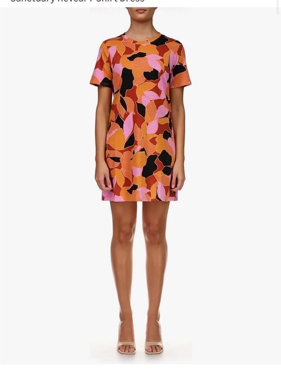 Sanctuary Orange & Pink Reveal Abstract Floral Organic Cotton T Shirt Dress
